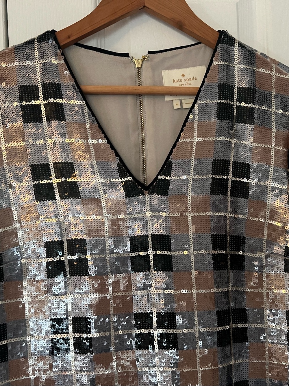 kate spade Sequin Plaid V-Neck Mini Dress in Silver Brown & Black - Picture 4 of 9
